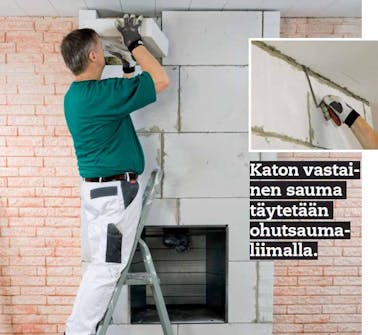 Takkasydän avotakkaan: Viimeinen harkkorivi sahataan sopivaan korkeuteen Takkasydän avotakkaan: Viimeinen harkkorivi sahataan sopivaan korkeuteen